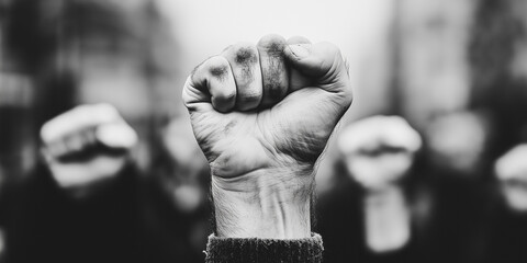 Powerful raised fist demonstrating protest and solidarity in monochrome