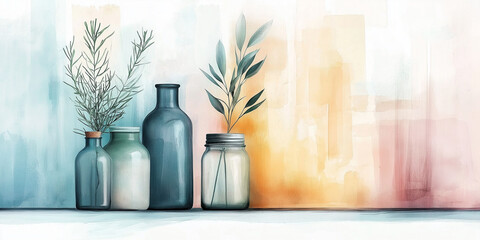 Watercolor painting of greenery in vases with abstract background