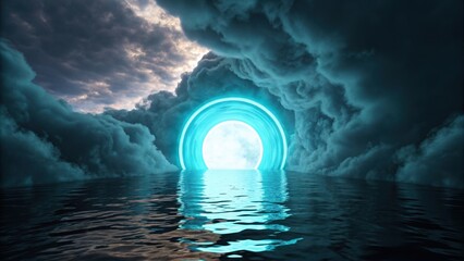 A surreal glowing portal emerges from stormy clouds over a dark rippling ocean surface