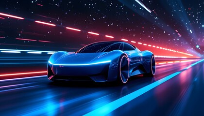 Futuristic Car Racing Through Neon Light Tunnel