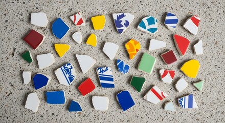 Scattered fragments of colorful ceramic pieces arranged on a textured surface.