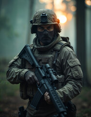 Armed Soldier in Camouflage Gear in a Forest