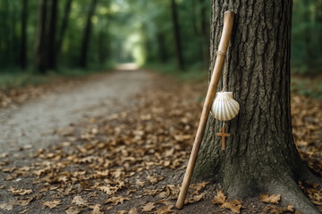 Pilgrim walking staff decorated with scallop shell and wooden cross leaning against a tree along a leaf-covered Camino de Santiago forest trail.