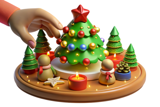 Festive Christmas scene with hand decorating a miniature tree isolated on a transparent background