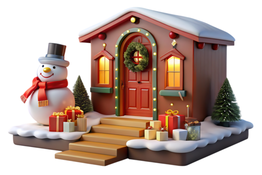 Festive Christmas scene with snowman house gifts and snow isolated on a transparent background