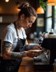 Barista crafting latte art at a coffee shop