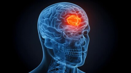 3D brain scan shows tumor, skull, neck; dark background; medical illustration - Powered by Adobe