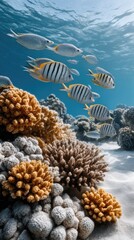 Fototapeta premium Colorful fish swim gracefully in clear water around a vibrant coral reef, showcasing the beauty of underwater life