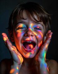 Joyful Child with Rainbow Light on Face