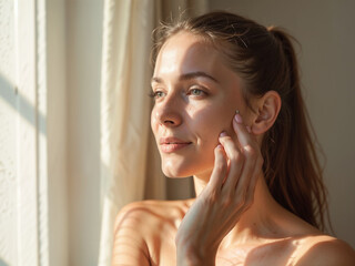 A serene woman enjoys sunlight from the window, highlighting her natural features and graceful expression. The moment exudes tranquility, warmth, and appreciation of a peaceful environment
