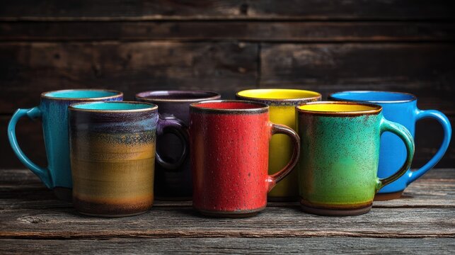 Colorful ceramic mugs arranged on a rustic wooden surface showcasing vibrant hues of red, blue, green, yellow, and purple for modern dining and decor