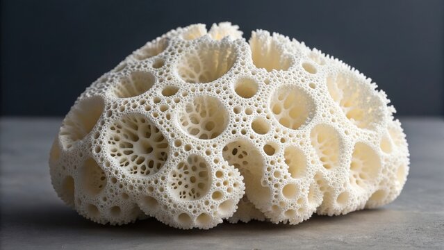 Intricate porous white organic structure with complex cellular patterns and delicate branching formations