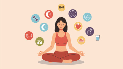 Woman Meditating with Holistic Wellness Icons