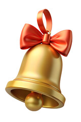 Golden Christmas bell with red bow and ribbon decoration isolated on a transparent background