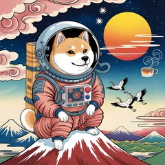 Shiba Inu astronaut smiling on Mount Fuji in vibrant ukiyo-e art &ndash; Perfect for unique wall decor, Japanese art collections, or playful illustrations.