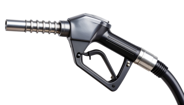 Gasoline injector or fuel pump nozzle with realistic metallic texture, rubber grip, and flexible hose tip. High-resolution and isolated on a transparent background