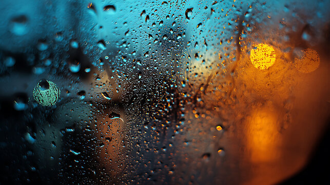 Raindrops on Glass Abstract Urban Night with Blurry Lights and Teal Accents