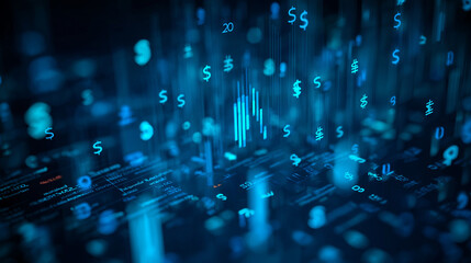 Virtual digital landscape, stream binary code floating statistic abstract matrix  finance data.