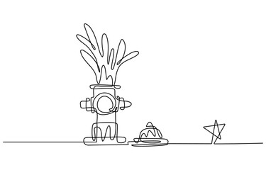 Fire hydrant isolated on white background. One line continuous fire hydrant. Line art outline vector illustration, Single continuous line drawing 
jets of water that came out of the hydrant.