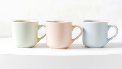 Obraz premium A minimalist arrangement of three pastel colored mugs on a white shelf against a white wall
