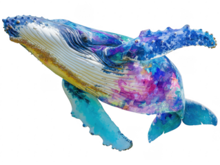 Artistic humpback whale with vibrant watercolor textures majestically breaches against a clean white background with its enormous flippers extended up high.