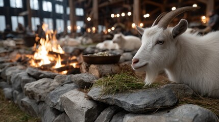 Several white goats enjoy eating fresh grass from wooden shelves in a peaceful farm environment during a sunny day