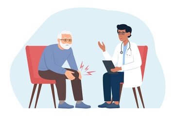The old patient and the doctor are talking in the office. Senior patient suffering from osteoarthritis knee pain, degenerative joint pain caused by wear. 