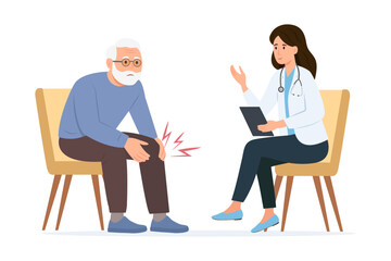 The old patient and the doctor are talking in the office. Senior patient suffering from osteoarthritis knee pain, degenerative joint pain caused by wear. 
