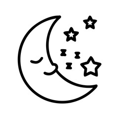 Sleepy crescent moon and stars outline illustration
