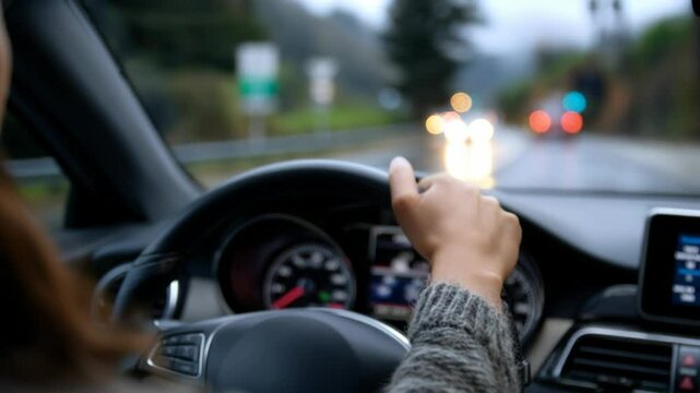 Driving along a rainy road on a blurry day. The driver's hand is visible on the steering wheel while other cars are driving through the blurred rain.