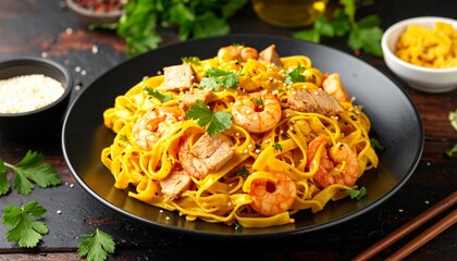 Preparing Quang Noodles with Turmeric Broth. Traditional Vietnamese Food