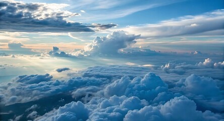 Fototapeta premium Aerial view showcases a stunning cloudscape with fluffy clouds and a serene blue sky, perfect for backgrounds.