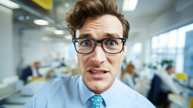 Surprised office worker with wide eyes and open mouth, conveys shock, astonishment, or disbelief. Capturing unexpected reactions in the modern workplace.