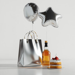 Celebratory Arrangement Silver Bag, Balloons, Liquor, and Cake made with generative AI