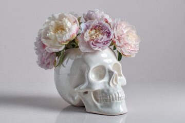 Skull vase filled with peony flowers adds a unique touch to modern decor in a bright setting
