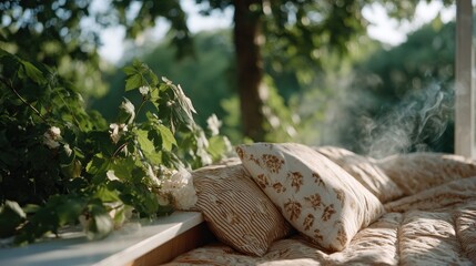A cozy bedroom with a window revealing a forest, filled with warm sunset light and dreamy colors creating a nostalgic atmosphere