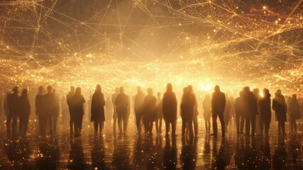 Connecting humanity: Silhouetted crowd under a network of golden glowing lines - Powered by Adobe
