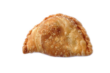 Homemade golden, flaky curry puff or karipap in Thai, isolated on white background. Concept, traditional snack perfect for food styling, bakery menus, or cultural food.                               