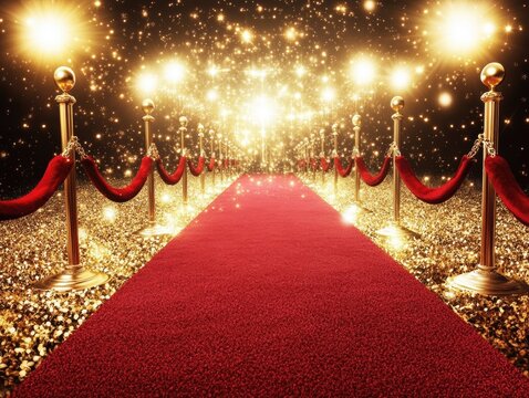 A vibrant red carpet stretches down a shimmering golden walkway, illuminated by bright lights. Elegant ropes guide guests in a festive setting perfect for a glamorous event at night.
