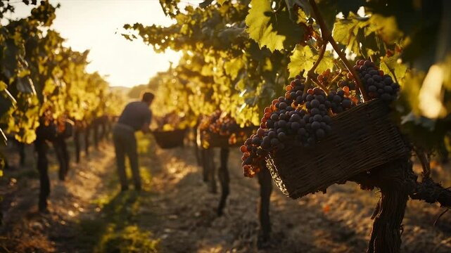 Sunset harvest  worker gathers ripe dark grapes in vineyard