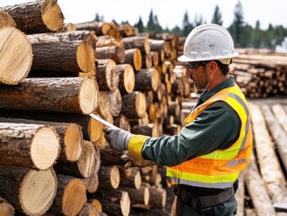 A worker in safety gear examines logs stacked in a lumber yard. The setting features piles of freshly cut timber under a clear sky, emphasizing a busy work environment.