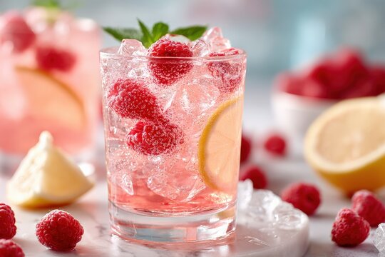 Closeup of a refreshing pink lemonade with raspberries, ice cubes, lemon slice and mint leaves in a glass, on a white marble table