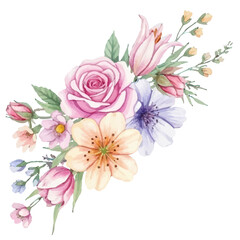 Fototapeta premium A beautiful watercolor bouquet of roses, tulips on a transparent background 