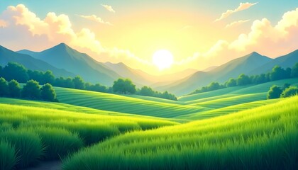 Flat vector rice field and mountain landscape, minimalist style, summer scenery, green paddy, blue hills, agriculture and farming illustration
