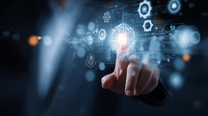 Businessman hand finger touch activate floating icon virtual interface digital innovation.