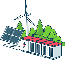 Obraz premium Hybrid Renewable Energy System with Wind Turbine, Solar Panel, and Battery Storage – Eco Power Illustration