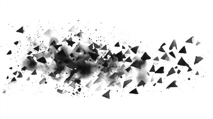 Abstract ink splatters forming triangular outlines on white backdrop, featuring stark light gray and black contrast with clear edges, perfect for modern graphic design and decorative art.