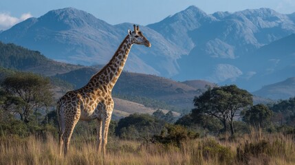 Fototapeta premium Majestic Giraffe Standing Gracefully Against Serene Mountain Landscape Under Clear Blue Sky and Green Vegetation in Soft Evening Light