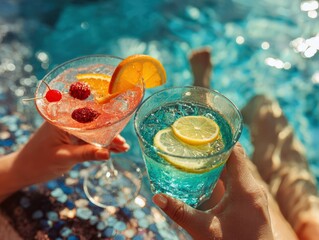 Hands clinking glasses of colorful cocktails adorned with lemon and berries, enjoying a sunny summer vacation by the sparkling poolside