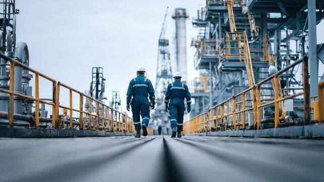 Industrial workers at a processing plant facility walk along a metallic platform wearing safety gear. They are dwarfed by the surrounding infrastructure.